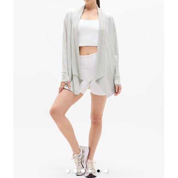 Athleta Pranayama Wrap Soft Thumbholes Cardigan Light Grey Heather Women Size MP - Picture 2 of 12